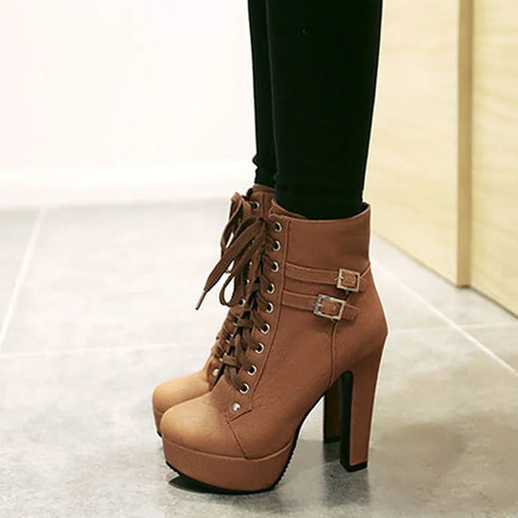 Chic Lace-Up Belt Buckle High Heel Boots