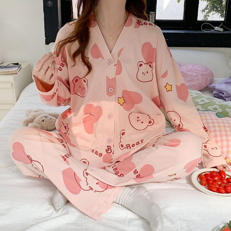 Kawaii Cartoon Duck Bunny Bear Floral Fruit Love Heart Pajamas Set