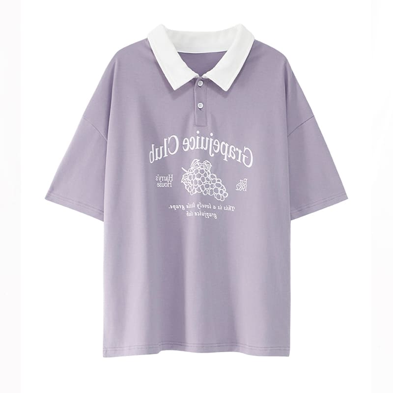 Casual Grape Fruit Letter Print Polo T-Shirt