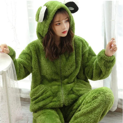 Kawaii Frog Ears Hooded Plush Pajamas Set