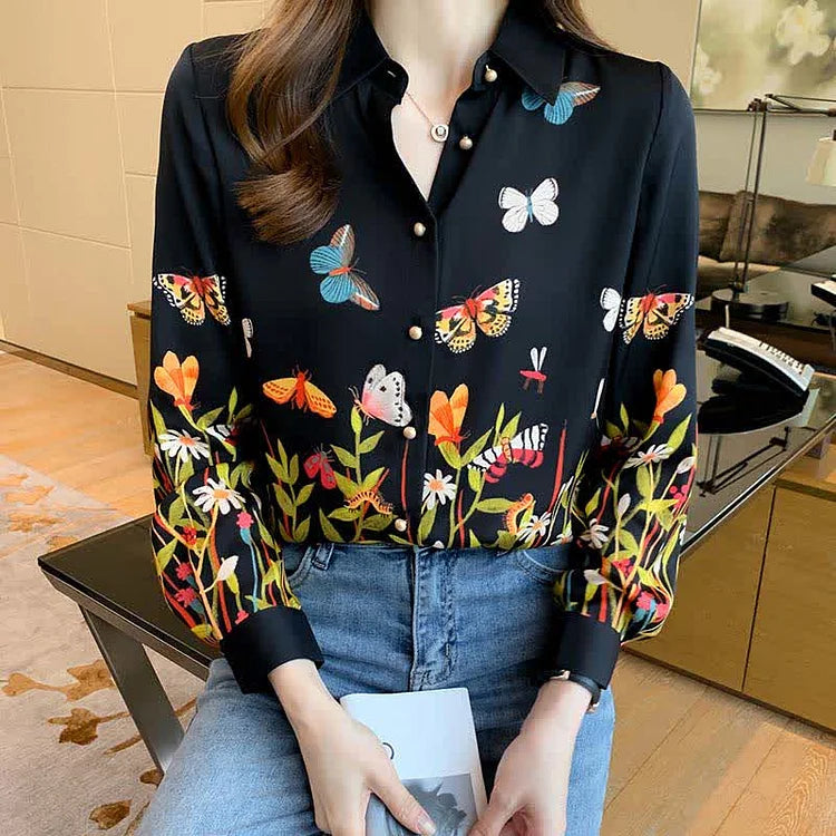 Butterfly Floral Print Lapel Long Sleeve Collar Shirt Workwear