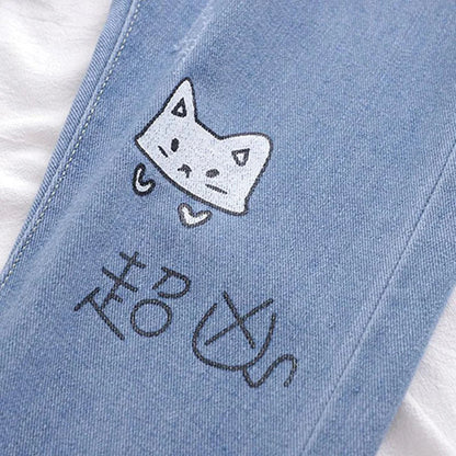 Cat Embroidery Elastic Waist Denim Jeans