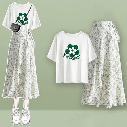 Puff Sleeve Collar Lapel T-Shirt Floral Print Skirt Two Piece Set