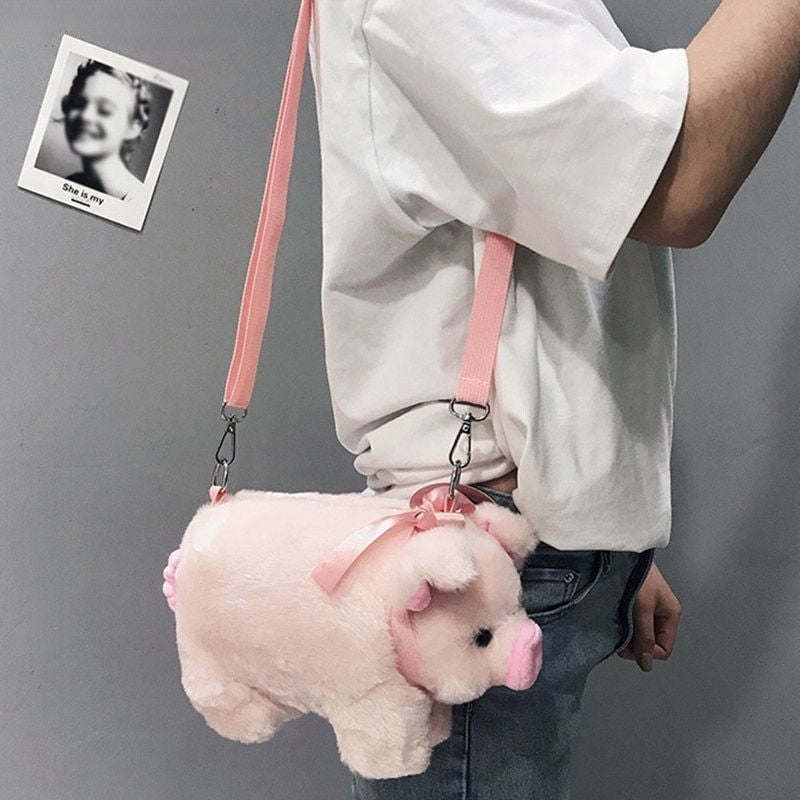 Kawaii Plush Bow Pig Crossbody Bag