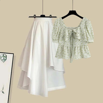 Chic Square Collar Floral Print Shirt Irregular Skirt Two Piece Set