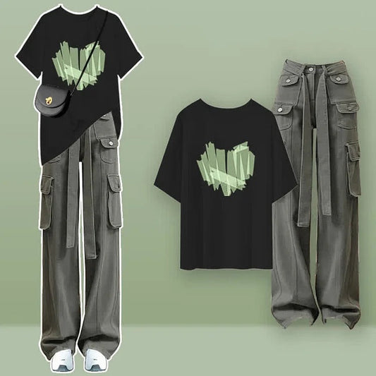 Street Love Heart Print T-Shirt Cargo Pants Two Piece Set