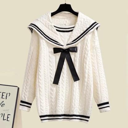 Sailor Collar Bowknot Sweater Lattice Pleated Skirt Set