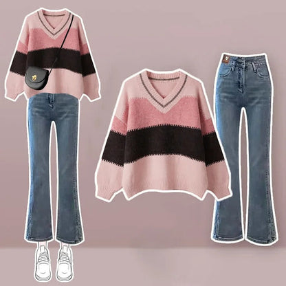 Vintage Colorblock Striped Sweater Casual Pants Two Piece Set