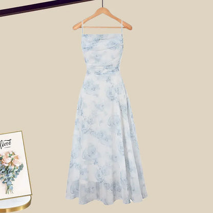 Lace Up Chiffon Cardigan Vintage Floral Print Slip Dress Two Piece Set