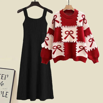 Preppy Bowknot Colorblock Sweater Slip Dress Two Piece Set