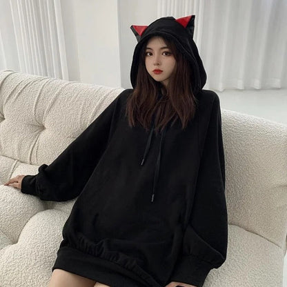 Kawaii Gothic Cat Ears Drawstring Sweatshirt Hoodie