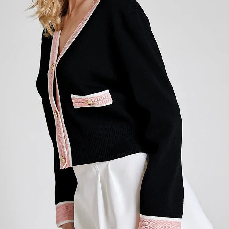 Chic Colorblock Crop Knit V-Neck Cardigan Sweater