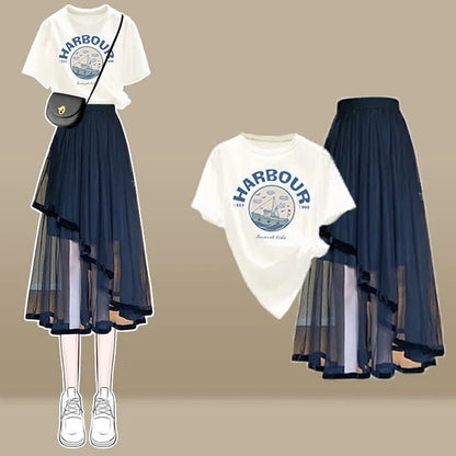 Chic Cartoon Print T-Shirt Irregular Tulle Skirt Two Piece Set