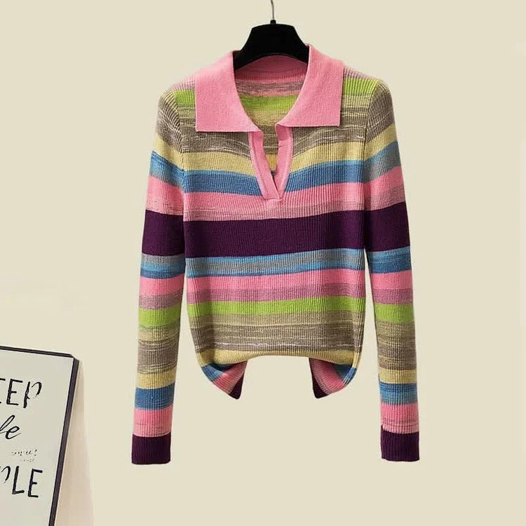 Chic Collar Rainbow Striped Colorblock Lapel Long Sleeve Shirt