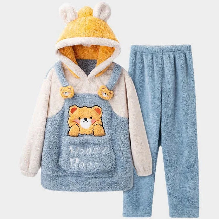 Cartoon Bear Letter Girlfriend Boyfriend Embroidery Plush Hooded Pajamas Set