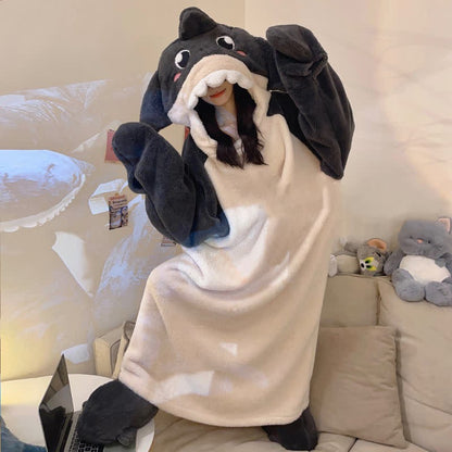 Kawaii Cartoon Shark Plush Hooded Jumpsuit Pajamas Dress