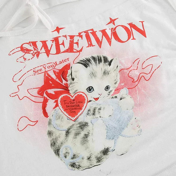 Hollow Out Kitty Love Heart Letter Print T-Shirt