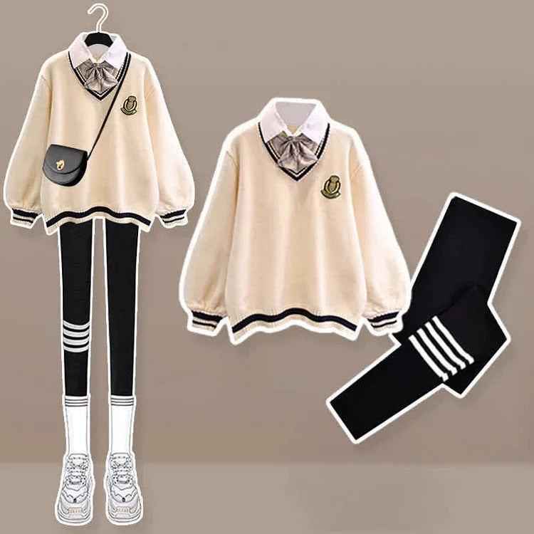 Fake Two Uniform Bow Sweater Pleated Skirt Plush Pants Two Piece Set