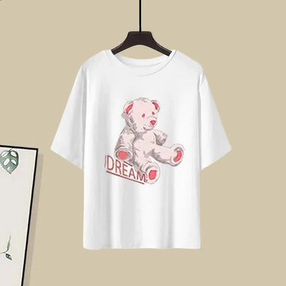 Cartoon Bear Letter Print T-Shirt Denim Pants Two Piece Set