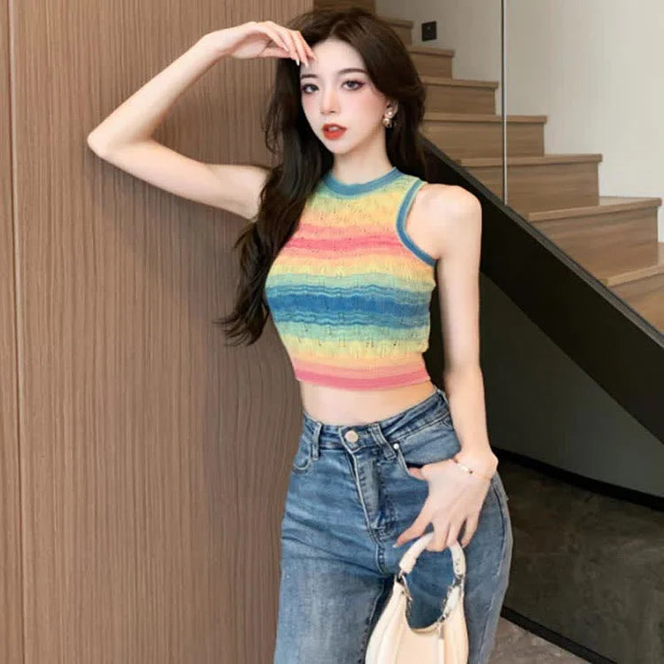 Chic Rainbow Striped Colorblock Crop Top With Sleeves