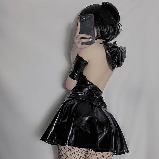 PU Leather Backless Sexy Lingerie Dress