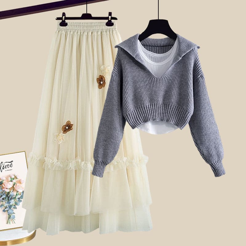Sailor Collar Knit Sweater Cami Top Floral Decor Skirt