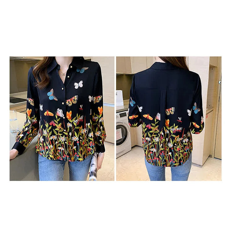 Butterfly Floral Print Lapel Long Sleeve Collar Shirt Workwear
