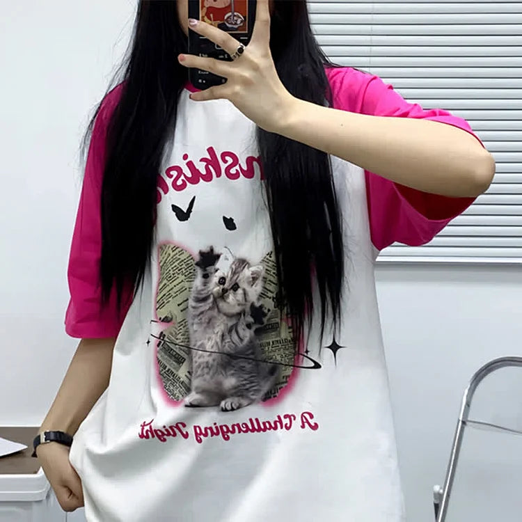 Kitty Butterfly Letter Print Round Neck Colorblock T-Shirt