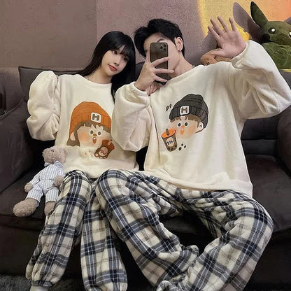 Kawaii Girlfriend Boyfriend Cartoon Print Plush Pajamas Set