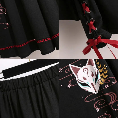 Vintage Sakura Fox Print T-Shirt Wide Leg Pantskirt Two Piece Set