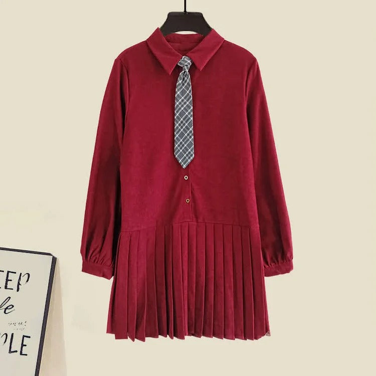 Preppy Knit Vest Lapel Tie Pleated Shirt Dress Two Piece Set