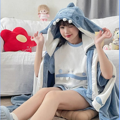 Kawaii Cartoon Shark Hooded Blanket Pajamas