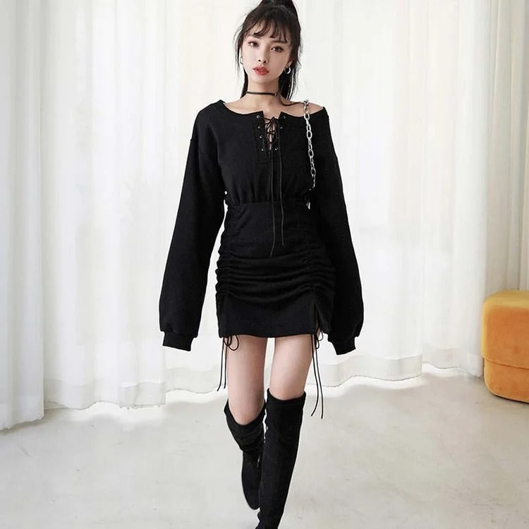 Retro Goth Off The Shoulder Lace Up Ruffle Dress