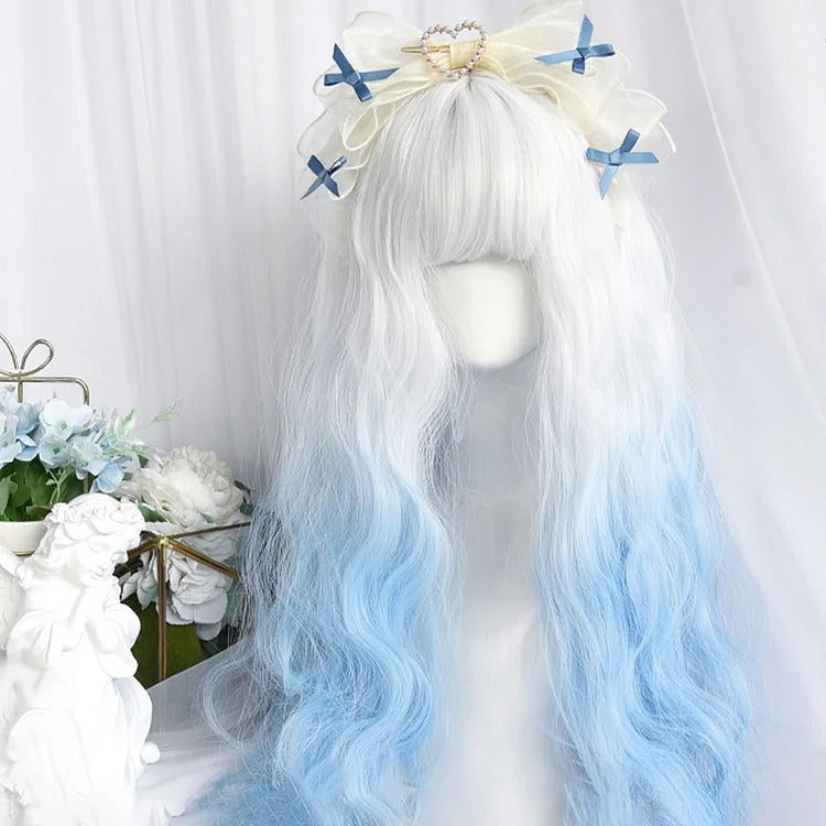 Long Wavy White Ombre Light Blue Wigs With Bangs