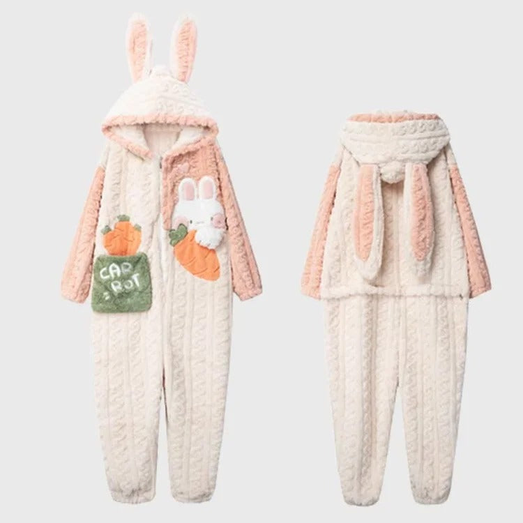 Kawaii Cartoon Bunny Zipper Plush Hooded Jumpsuit Pajamas
