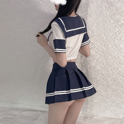 Uniform School Sailor Collar Bowknot Striped Lingerie Skirt Set