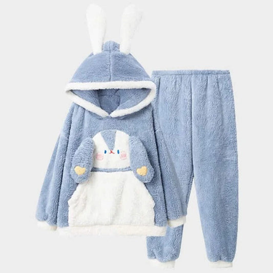 Lovely Cartoon Puppy Pocket Plush Hooded Pajamas Two Piece Set