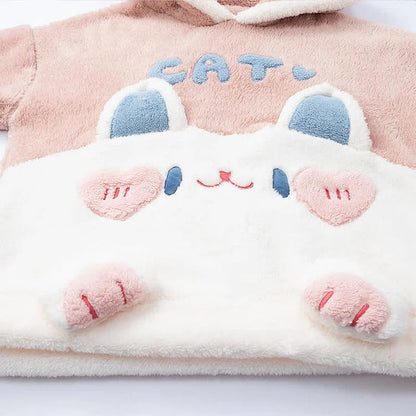 Cartoon Kitty Letter Embroidery Plush Hooded Pajamas Set