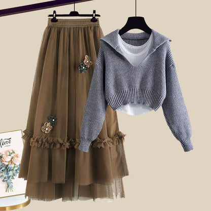 Sailor Collar Knit Sweater Cami Top Floral Decor Skirt