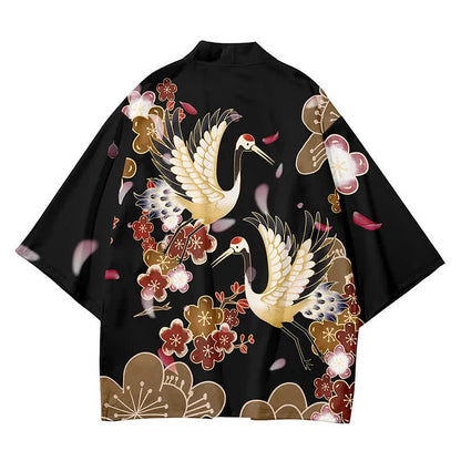 Vintage Cat Sakura Crane Print Loose Cardigan Kimono Outerwear