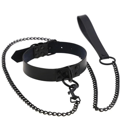 Dark Leather Collar With Chain Chocker