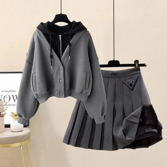 Preppy Pockets Hoodie Coat Pleated Skirt Two Piece Set