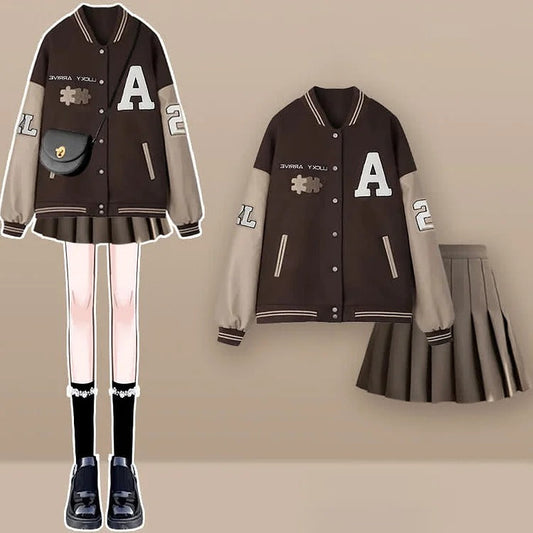 Letter Embroidery Baseball Jacket Pleated Skirt Two Piece Set