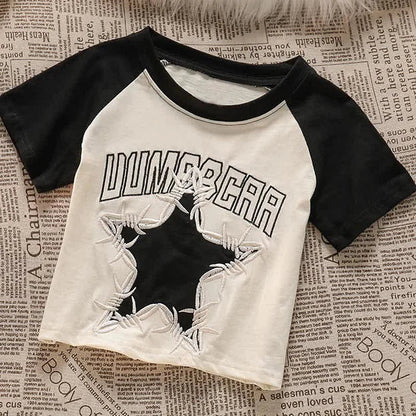 Knitted Star Letter Embroidery Crop Top T-Shirt Belted Pleated Denim Skirt