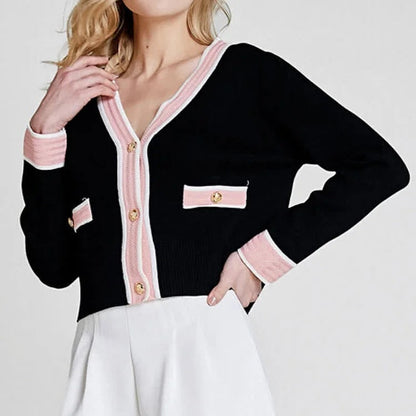 Chic Colorblock Crop Knit V-Neck Cardigan Sweater