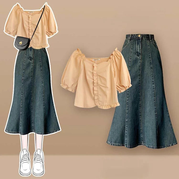 Vintage Bowknot Butterfly Crop T-Shirt Fishtail Denim Skirt Two Piece Set