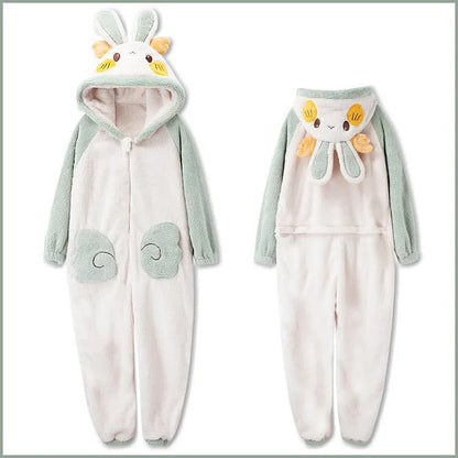Cartoon Bunny Wings Pocket Plush Hooded Jumpsuit Pajamas