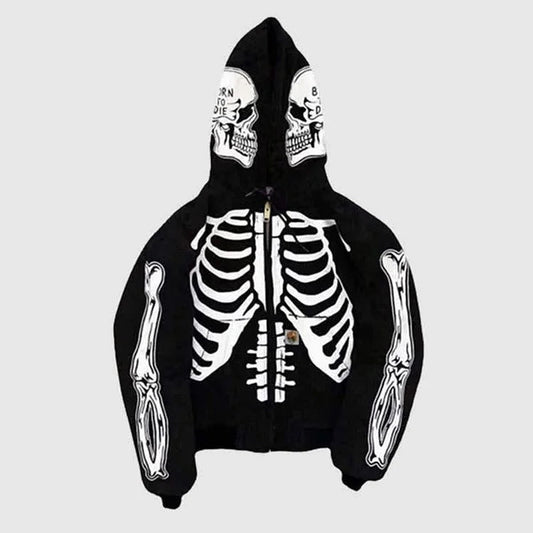Punk Gothic Skeleton Print Zipper Hooded Sweatshirt