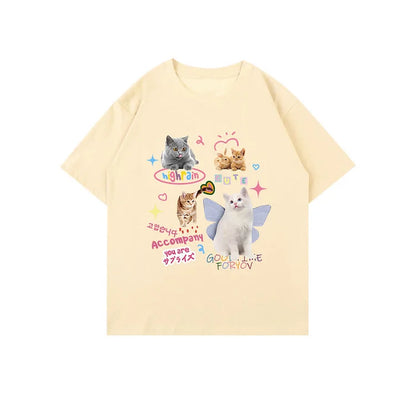 Cute Kitty Letter Print Round Neck Oversized T-Shirt