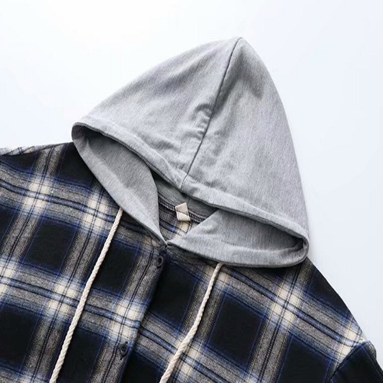 Harajuku Plaid Drawstring Hooded Jacket Shirt